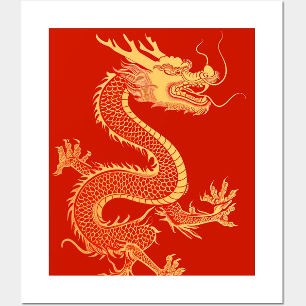 Chinese Golden Dragon on a Lucky Red Background: Chinese New Year, Year of the Dragon Wall Art by Puff Sumo